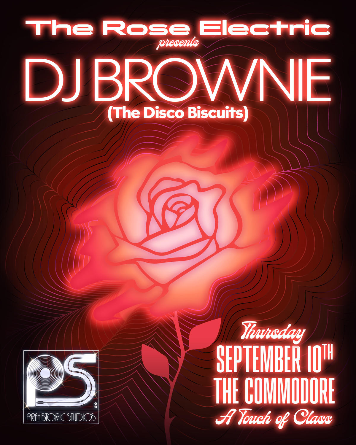 The Rose Electric presents DJ Brownie of The Disco Biscuits. Thursday, September 10 at The Commodore, Charleston SC. A Touch of Class.
